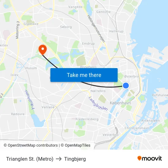 Trianglen St. (Metro) to Tingbjerg map