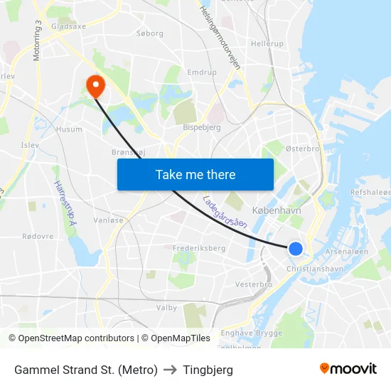 Gammel Strand St. (Metro) to Tingbjerg map