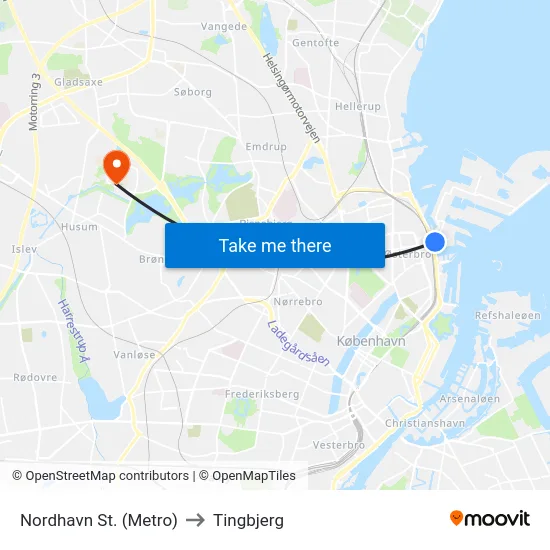 Nordhavn St. (Metro) to Tingbjerg map