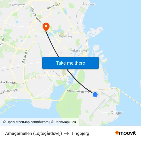 Amagerhallen (Løjtegårdsvej) to Tingbjerg map