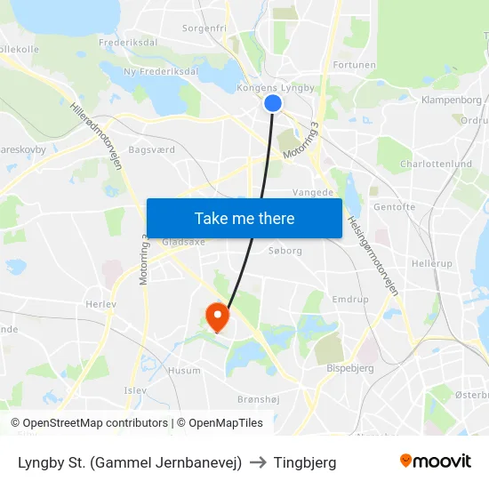 Lyngby St. (Gammel Jernbanevej) to Tingbjerg map