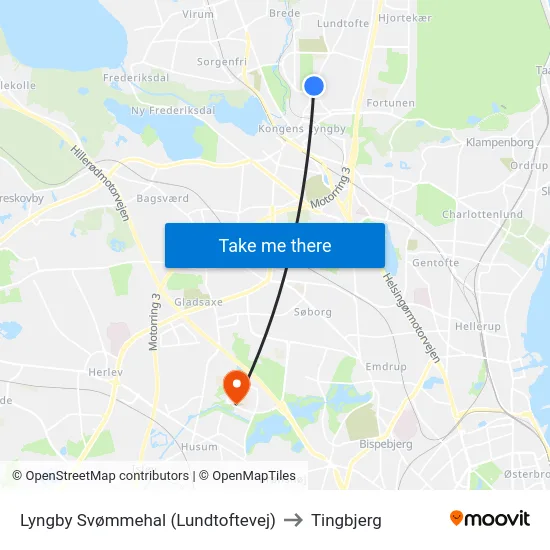 Lyngby Svømmehal (Lundtoftevej) to Tingbjerg map