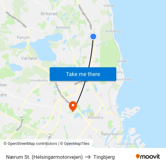 Nærum St. (Helsingørmotorvejen) to Tingbjerg map