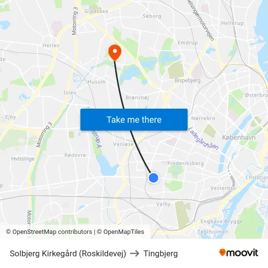 Solbjerg Kirkegård (Roskildevej) to Tingbjerg map