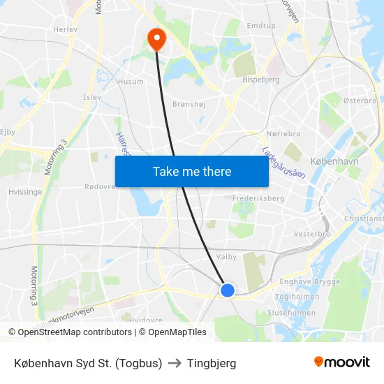 København Syd St. (Togbus) to Tingbjerg map