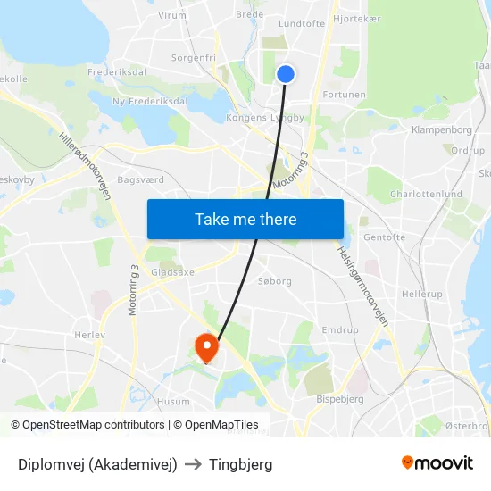 Diplomvej (Akademivej) to Tingbjerg map