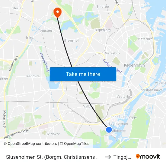 Sluseholmen St. (Borgm. Christiansens Gade) to Tingbjerg map