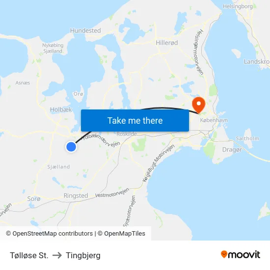 Tølløse St. to Tingbjerg map