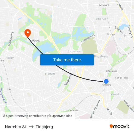Nørrebro St. to Tingbjerg map