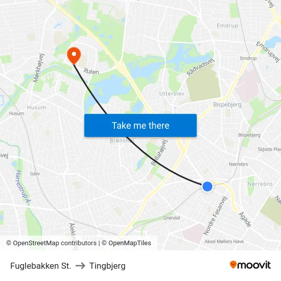 Fuglebakken St. to Tingbjerg map