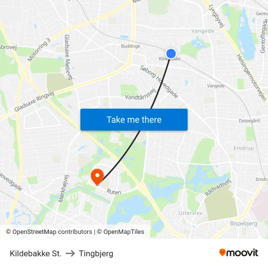 Kildebakke St. to Tingbjerg map