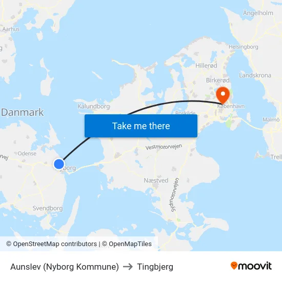 Aunslev (Nyborg Kommune) to Tingbjerg map