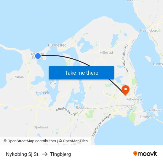 Nykøbing Sj St. to Tingbjerg map