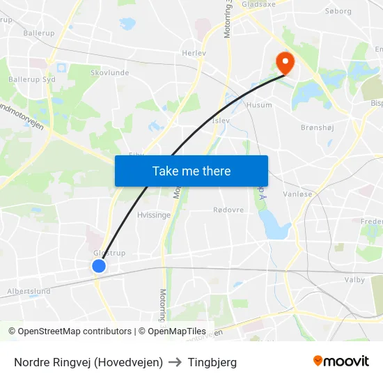 Nordre Ringvej (Hovedvejen) to Tingbjerg map