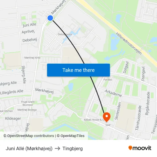 Juni Allé (Mørkhøjvej) to Tingbjerg map