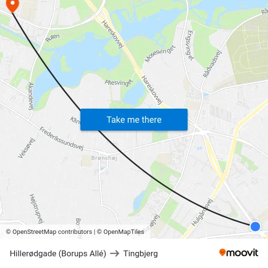 Hillerødgade (Borups Allé) to Tingbjerg map