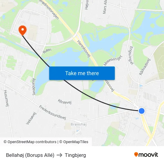 Bellahøj (Borups Allé) to Tingbjerg map