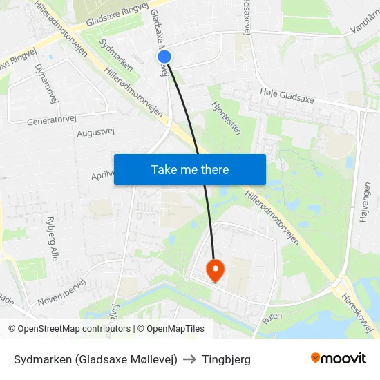 Sydmarken (Gladsaxe Møllevej) to Tingbjerg map