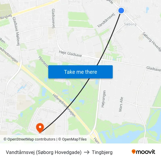 Vandtårnsvej (Søborg Hovedgade) to Tingbjerg map