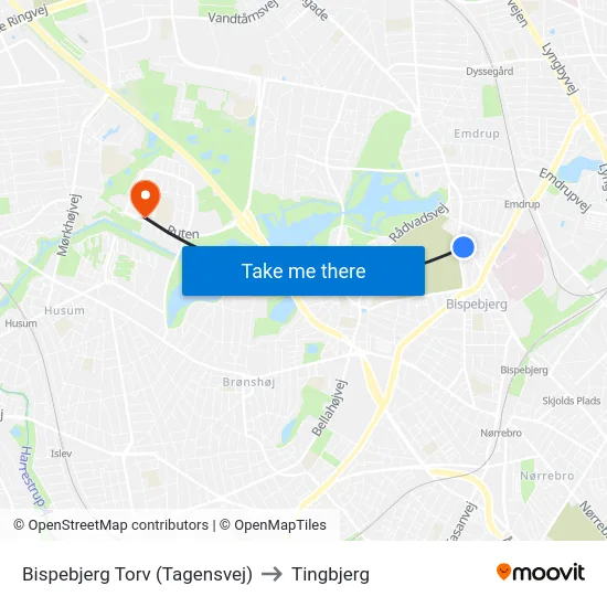 Bispebjerg Torv (Tagensvej) to Tingbjerg map