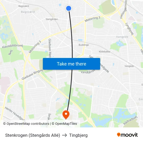 Stenkrogen (Stengårds Allé) to Tingbjerg map