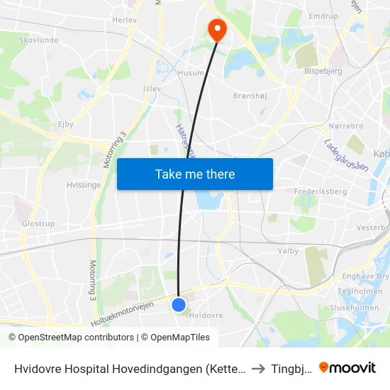 Hvidovre Hospital Hovedindgangen (Kettegård Allé) to Tingbjerg map