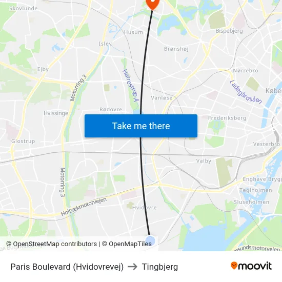Paris Boulevard (Hvidovrevej) to Tingbjerg map