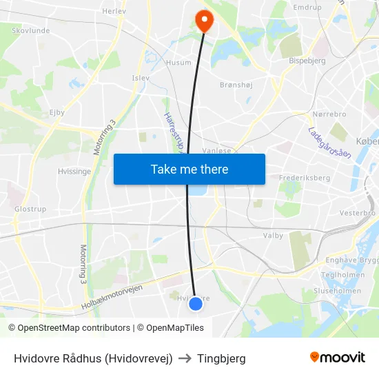 Hvidovre Rådhus (Hvidovrevej) to Tingbjerg map