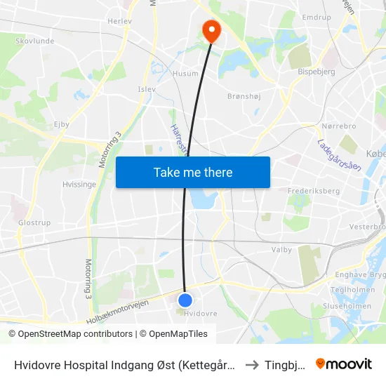 Hvidovre Hospital Indgang Øst (Kettegård Allé) to Tingbjerg map