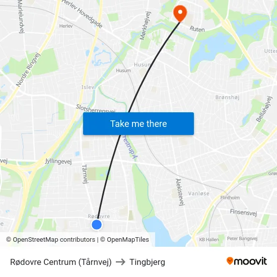 Rødovre Centrum (Tårnvej) to Tingbjerg map