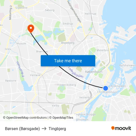 Børsen (Børsgade) to Tingbjerg map