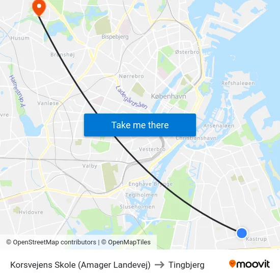 Korsvejens Skole (Amager Landevej) to Tingbjerg map