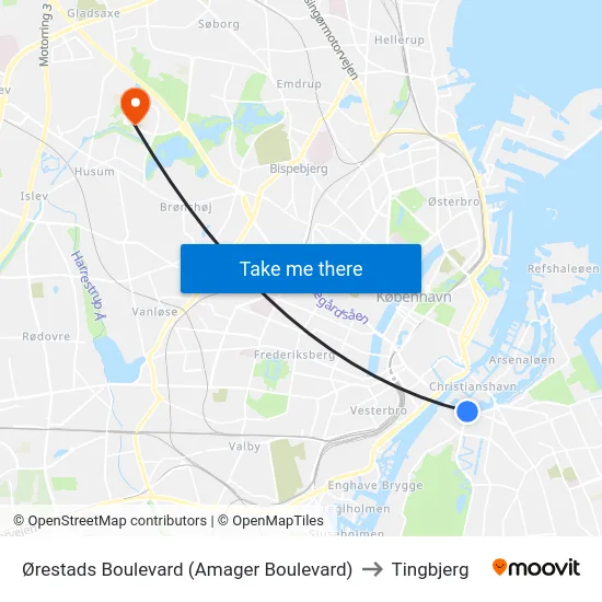 Ørestads Boulevard (Amager Boulevard) to Tingbjerg map