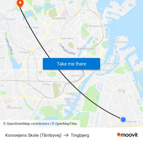Korsvejens Skole (Tårnbyvej) to Tingbjerg map
