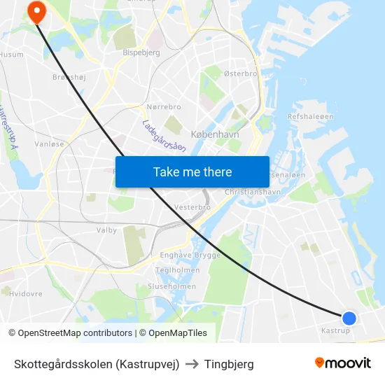 Skottegårdsskolen (Kastrupvej) to Tingbjerg map