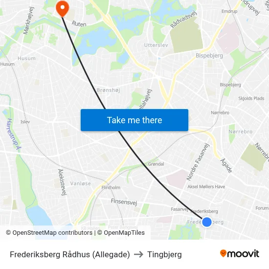 Frederiksberg Rådhus (Allegade) to Tingbjerg map
