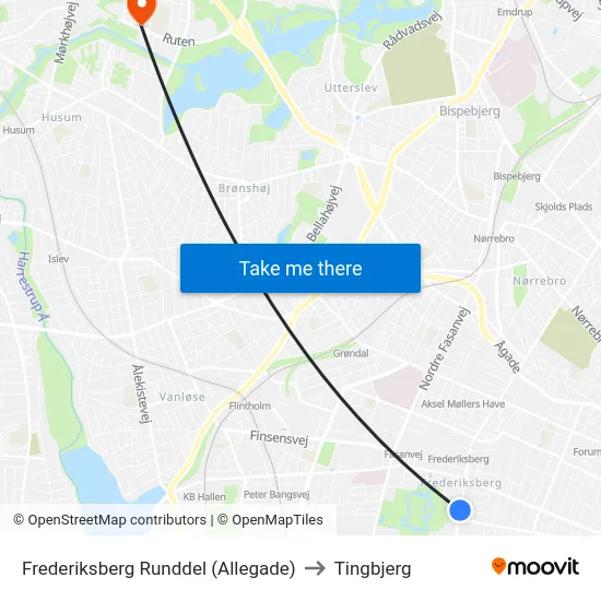 Frederiksberg Runddel (Allegade) to Tingbjerg map