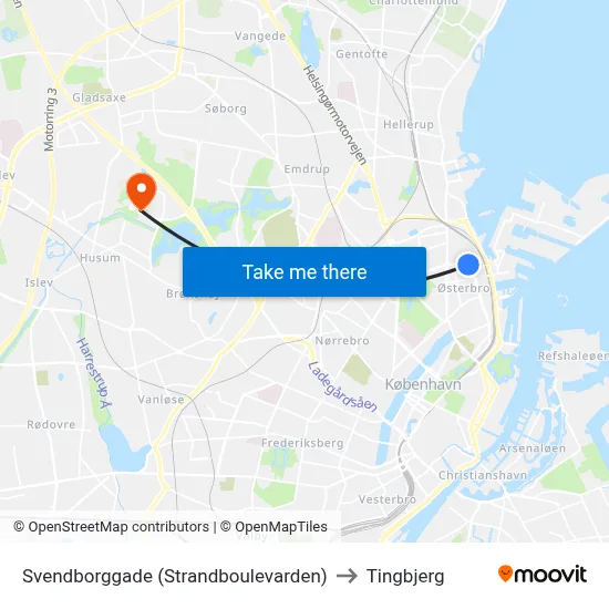 Svendborggade (Strandboulevarden) to Tingbjerg map