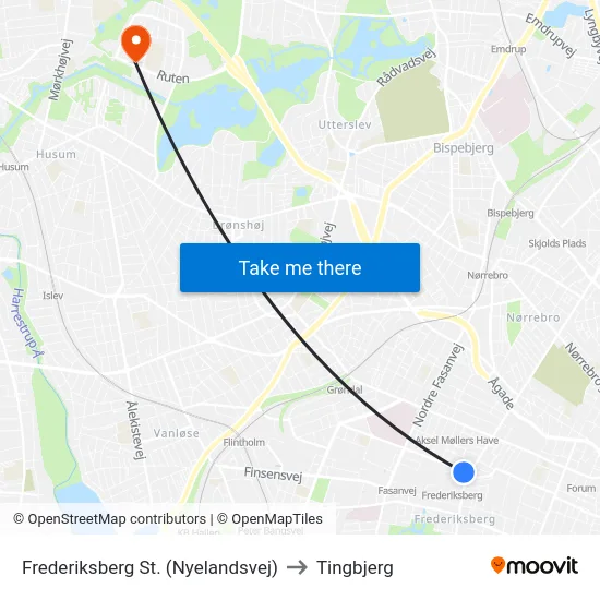 Frederiksberg St. (Nyelandsvej) to Tingbjerg map