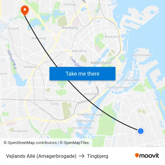 Vejlands Allé (Amagerbrogade) to Tingbjerg map
