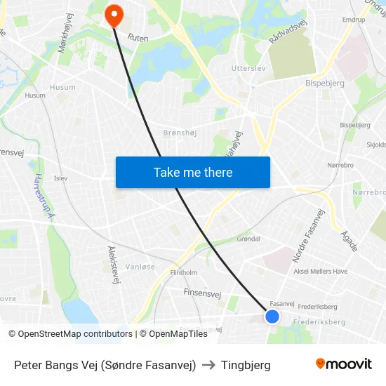 Peter Bangs Vej (Søndre Fasanvej) to Tingbjerg map