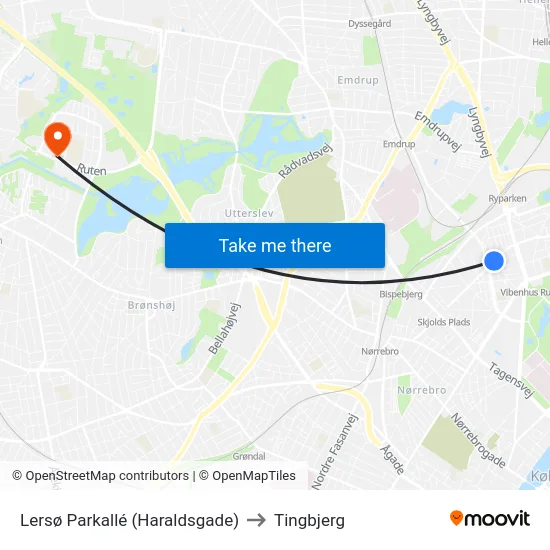 Lersø Parkallé (Haraldsgade) to Tingbjerg map