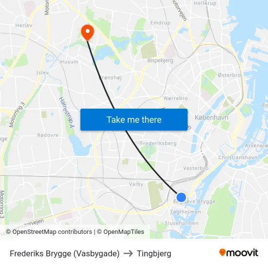 Frederiks Brygge (Vasbygade) to Tingbjerg map