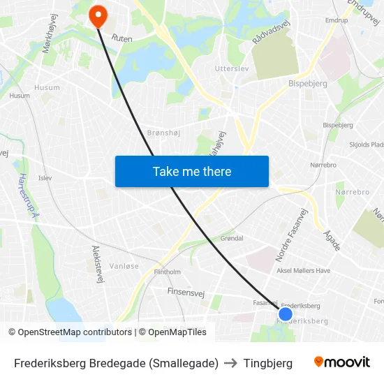 Frederiksberg Bredegade (Smallegade) to Tingbjerg map