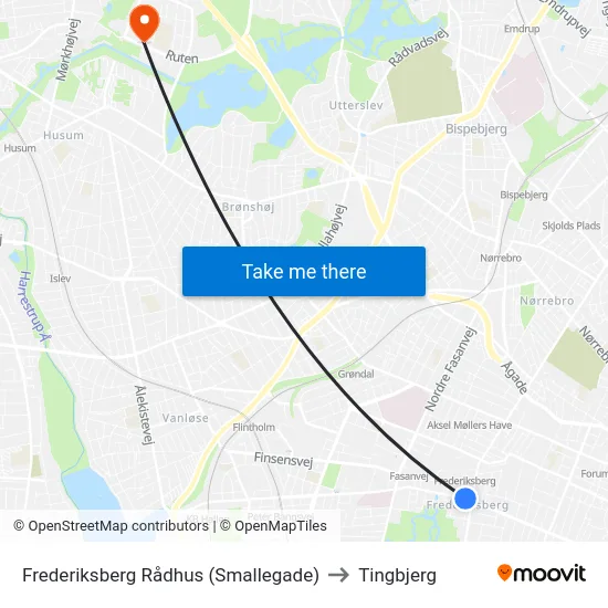 Frederiksberg Rådhus (Smallegade) to Tingbjerg map