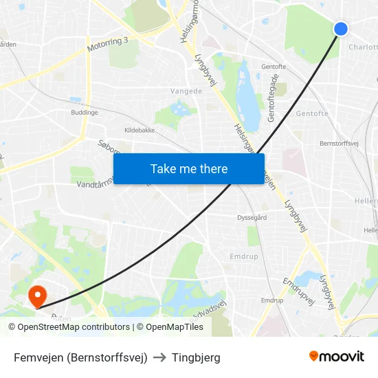 Femvejen (Bernstorffsvej) to Tingbjerg map