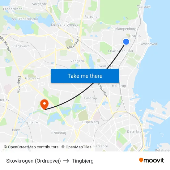 Skovkrogen (Ordrupvej) to Tingbjerg map
