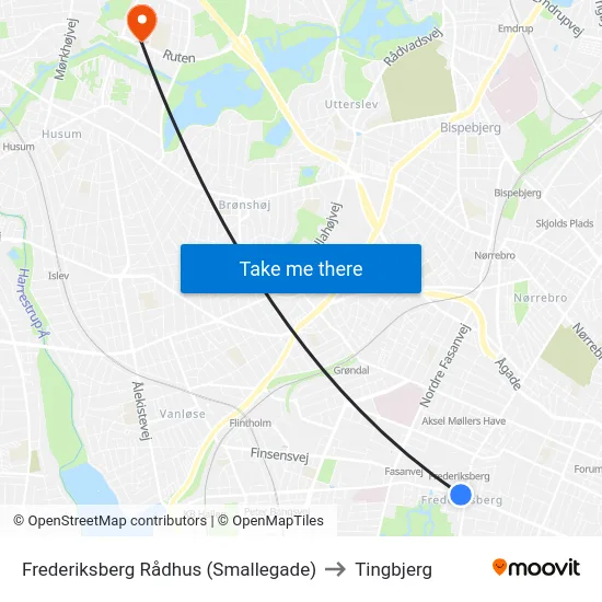 Frederiksberg Rådhus (Smallegade) to Tingbjerg map