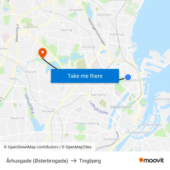 Århusgade (Østerbrogade) to Tingbjerg map