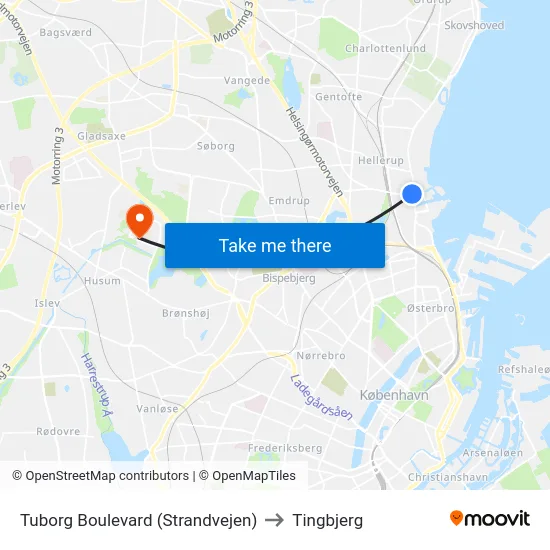 Tuborg Boulevard (Strandvejen) to Tingbjerg map